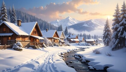 A serene winter scene depicts snow-covered cabins nestled beside a stream flowing through a mountainous landscape at sunrise