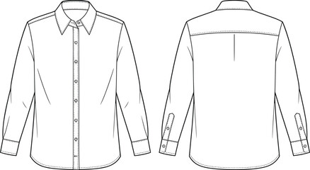 Long sleeve button up shirt flat sketch, fashion technical drawing, apparel design template, clothing illustration, garment construction detail, vector outline