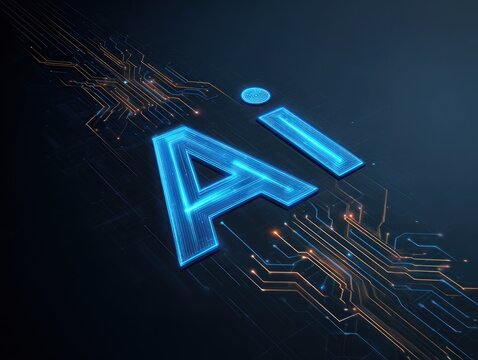 Glowing ai letters on dark circuit board background with light trails