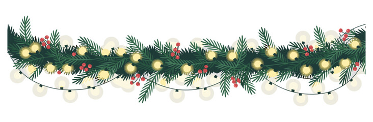 Decorative Christmas garland border with dark green pine branches, red holly berries, and glowing string lights on transparent background, modern vector illustration.