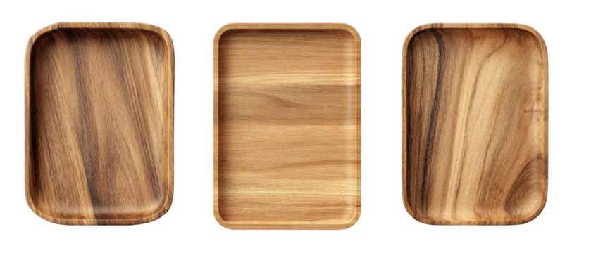 A set of three beautifully crafted wooden serving trays with unique grain patterns, showcasing natural textures, suitable for home decor or dining use, against a minimalist background