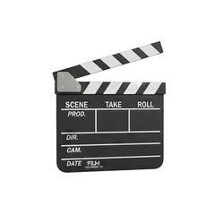 Fototapeta premium Black Movie Clapperboard Open on Isolated Black Background with Scene Take Roll Prod Dir Cam Date Rum Labels Cinematic Production Equipment