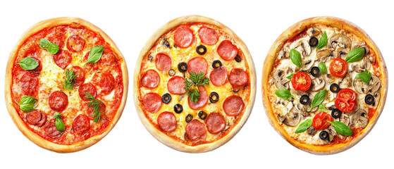 A vibrant display of three gourmet pizzas topped with fresh ingredients, showcasing a variety of flavors and colors, ideal for a food advertisement or culinary blog