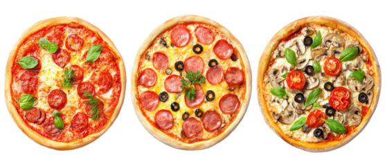 A vibrant display of three gourmet pizzas topped with fresh ingredients, showcasing a variety of flavors and colors, ideal for a food advertisement or culinary blog