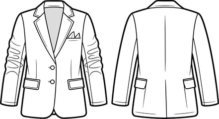 Men’s blazer sketch, notched lapel, pocket square, flap pockets, tailored fit, fashion cad drawing, vector apparel illustration, cad drawing flat vector illustration