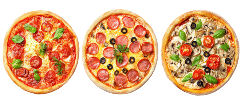 A vibrant display of three gourmet pizzas topped with fresh ingredients, showcasing a variety of flavors and colors, ideal for a food advertisement or culinary blog