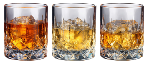 Three crystal glasses filled with different types of whiskey, showcasing rich amber and golden hues, placed on a reflective surface, highlighting the textures of ice and glass
