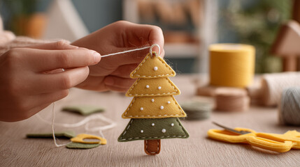 Close-up of hands threading a cord through a handmade felt Christmas ornament on a craft table