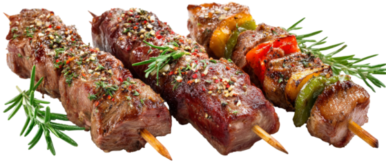 A vibrant display of grilled skewers featuring marinated meat and colorful vegetables, garnished with fresh herbs, set against a clean white background, ideal for culinary promotions
