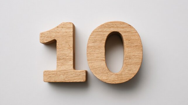 Wooden number ten figures resting on a light textured surface. - Powered by Adobe