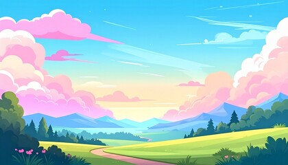 Obraz premium Vibrant Summer Landscape with Rolling Hills, Winding Path, and Cotton Candy Clouds Under a Blue Sky