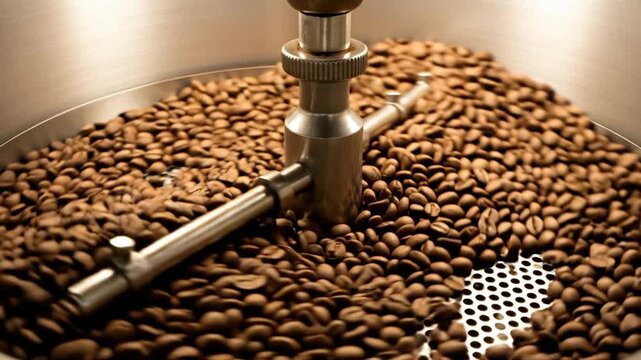 Freshly Roasted Coffee Beans Tumbling in Industrial Roasting Machine Close Up Macro Shot Warm Lighting