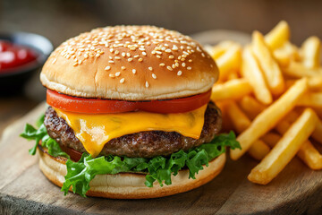 Classic Cheeseburger with Golden Fries on a Wooden Table 