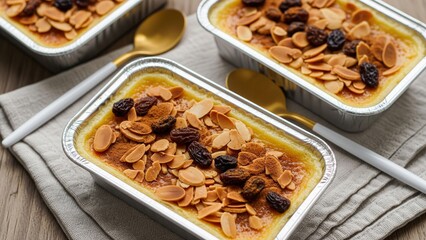 Obraz premium Klappertaart, Indonesian traditional dessert, from Manado. Coconut custard cake with raisin and almond topping, dusted with cinnamon powder, Dutch influenced dessert.