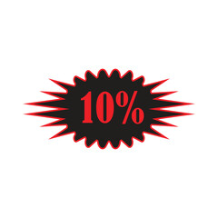 Ten percent discount tag with bold red text on black starburst
