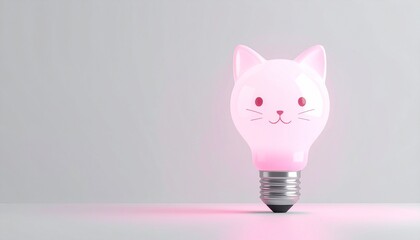 Cute cat light bulb glowing pink on a neutral background, creative energy concept