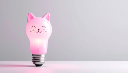 A creative pink light bulb shaped like a cute cat's head glowing on a minimalist background, symbolizing a fun idea or innovation