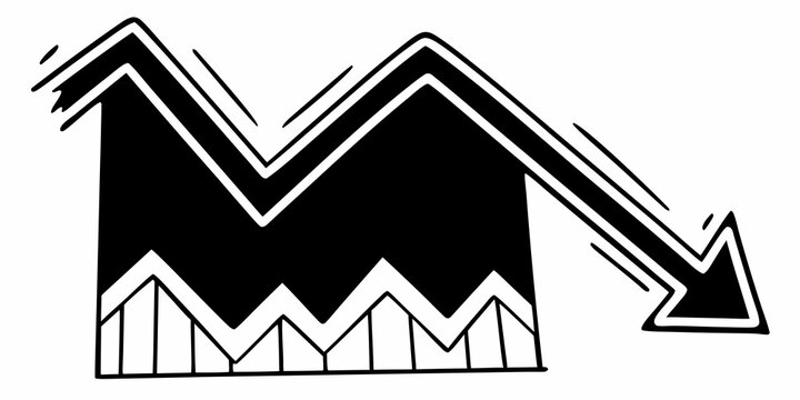 Black and white graphic showing a stylized downward trend line with an arrow at the end of the line