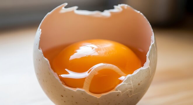 A cracked eggshell reveals a bright orange yolk with visible chalazae