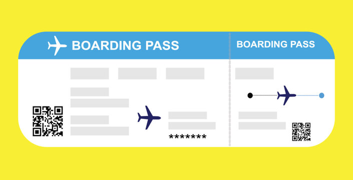 Blue and white vector illustration of a blank airplane boarding pass template with a QR code. Business travel, passengers, vacation, travel.