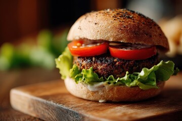 Appetizing homemade veggie burger with fresh tomato and lettuce on a rustic wooden board.