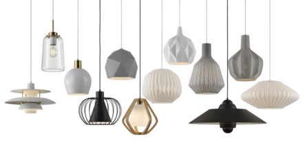 Collection of modern pendant ceiling lights with various shapes and materials