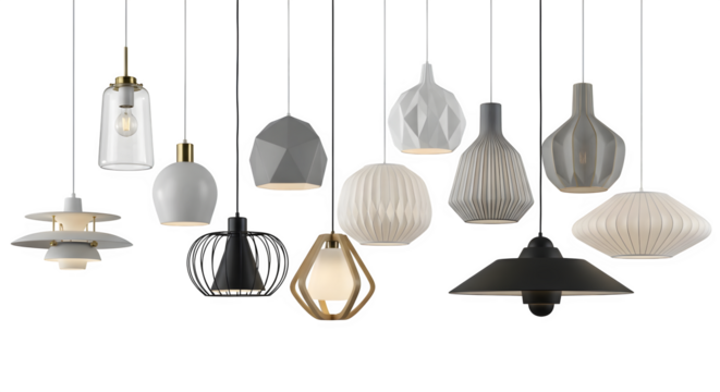 Collection of modern pendant ceiling lights with various shapes and materials