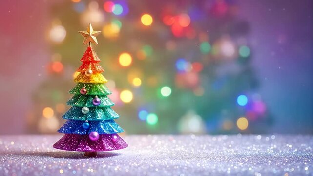 A brightly colored, rainbow-themed Christmas tree adorned with festive lights, symbolizing diversity and holiday cheer