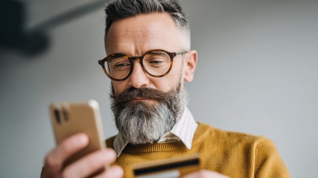 A middle-aged man with a well-groomed beard sits comfortably indoors, focused on his smartphone while holding a credit card. He appears engaged and intent on making a purchase in a relaxed atmosphere
