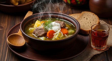 A steaming bowl of hearty soup with meat vegetables and a dollop of sour cream