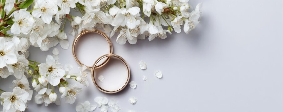 wedding rings against a background of white flowers.
