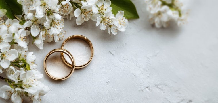 wedding rings against a background of white flowers.