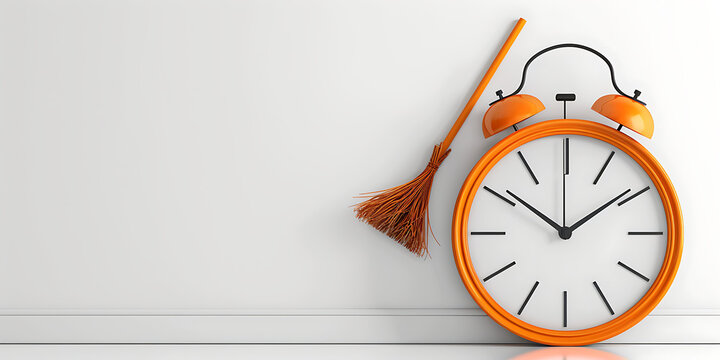 Bright alarm clock with a broom leaning against a clean white wall, representing tidiness and punctuality.