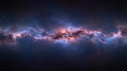 Obraz premium Breathtaking Panoramic View of a Serene Cosmic Nebula and Starfield in Deep Space, Featuring Swirling Blue, Violet, and Magenta Interstellar Gas Clouds