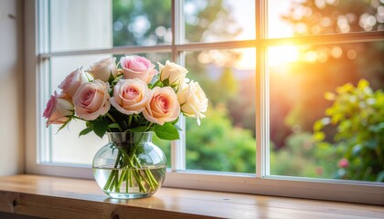 A beautiful bouquet of pink roses in a glass vase on a windowsill with warm sunlight streaming in from the garden