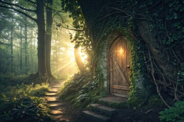 Obraz premium Enchanted Forest With a Wooden Door Nestled in Mossy Rocks at Sunset