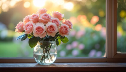 Soft pink roses in a glass vase on a wooden window sill with a blurred sunny garden view