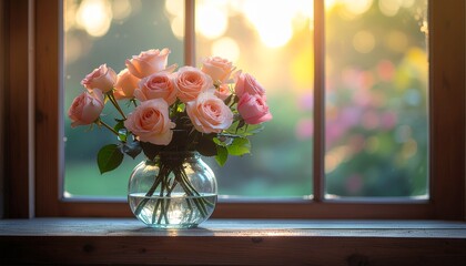 Roses Bouquet in a Window with Sunlight a Serene and Floral Moment, Capturing the Beauty of Nature Indoors