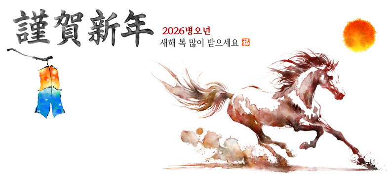 근하신년 새해 설날 연하장, 2026년은 말띠 해 입니다. 새해 복 많이 받으세요. 