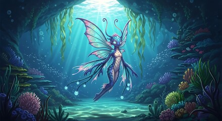 An underwater fairy with butterfly wings floats amidst coral reefs and kelp