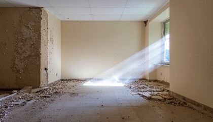 Sunlight streaming through window into a dusty, abandoned room with peeling walls and a bare interior