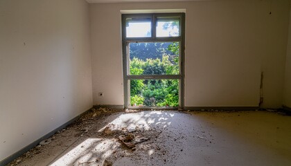 Abandoned room with dirt and debris in front of a large window overlooking a green forest
