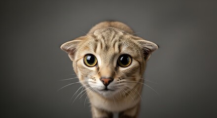 Closeup of a tabby cat with wide yellow eyes and flattened ears