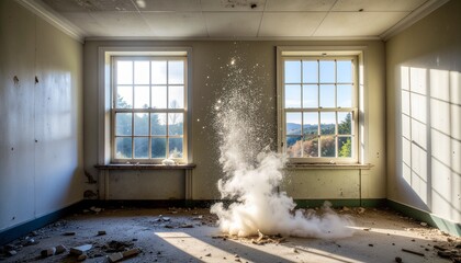 Dust and debris explode in an abandoned room with sunlit windows and scattered objects