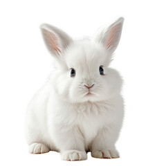 Obraz premium Fluffy white rabbit sitting, facing forward, isolated background