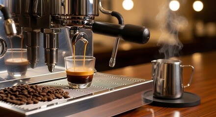 Espresso being brewed into a glass from a chrome coffee machine