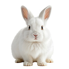 Obraz premium Cute, fluffy white rabbit sits isolated against black background