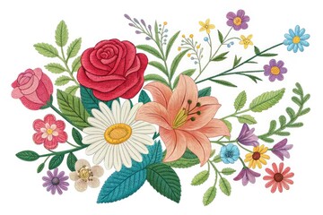 Beautiful Arrangement of Colorful Embroidered Flowers in a Floral Design