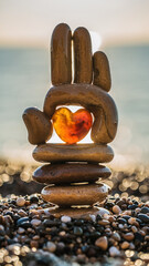 Stacked smooth stones forming a hand shape holding a glowing amber heart on a pebble beach at sunset, symbolizing love and balance.