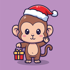 Cute Monkey Vector Illustration Wearing Santa Hat Holding Gift Box and Waving on Purple Background